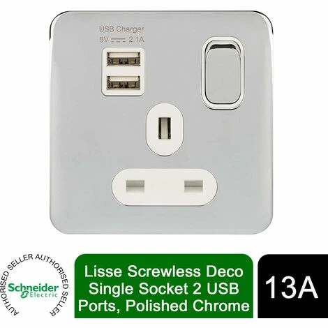 SCHNEIDER ELECTRIC Schneider Lisse Power Socket 13A 2 USB Ports GGBL30102USBAWPCS Polished Chrome SCHNEIDER ELECTRIC Schneider Lisse Power Socket 13A 2 USB Ports GGBL30102USBAWPCS Polished Chrome -GARDENA SHOP 54966670 1