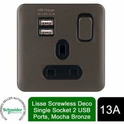 Schneider Electric Lisse Screwless Single Socket 13A 2 USB Ports Mocha Bronze