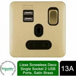 Schneider Electric Lisse Screwless Single Socket 13A 2 USB Ports Satin Brass
