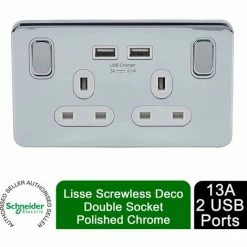 Schneider Electric Lisse Screwless Double Socket USB Ports 13A Polished Chrome