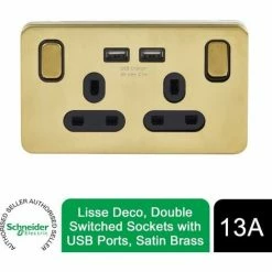 Schneider Electric Lisse Screwless Double Socket USB Ports 13A Satin Brass
