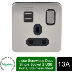 SCHNEIDER ELECTRIC Schneider Lisse Power Socket 13A 2 USB Ports GGBL30102USBABSSS Stainless / Black