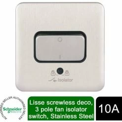 Schneider Electric Lisse Screwless Isolator Switch 3 Pole 10AX Stainless Steel